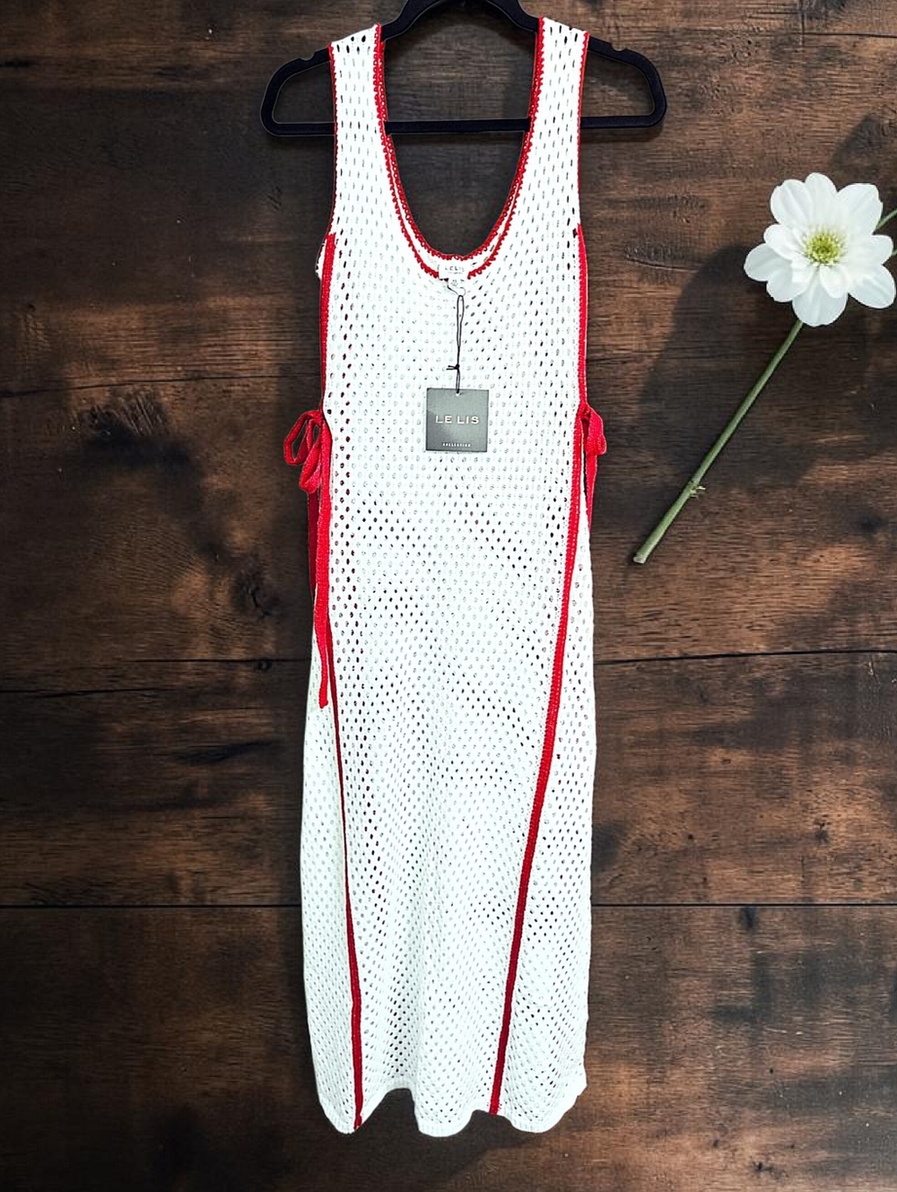 Le Lis Crochet Maxi Dress Beach Coverup in White & Red Cotton Acrylic XS NWT